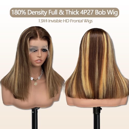 Bestvivid Highlight Honey Blonde 13x4 HD Lace Front Wigs Human Hair 4/27 Lace Front Bob Wig Human Hair Pre Plucked Middle Part Ombre Colored Transparent Lace Frontal Wigs (8 Inch, 4/27 Highlight)