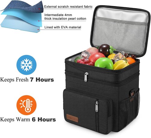 MIYCOO Insulated Lunch Bag - Double Deck Leakproof Cooler for Work, Beach & Travel | Black, 15L