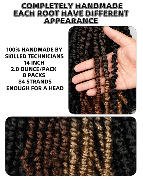 14 Inch 8 Packs Passion Twist Crochet Hair Pre looped-Mixed Color Combo Pack(6 packs 1B+ 1 pack T1B/27+1 pack T1B/30)Pre-twisted Pre Looped Soft & Bouncy Synthetic Braided Hair Extensions (1B+T27+T30)