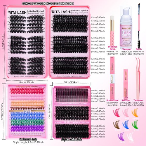 Lash Clusters Kit Bulk 3D Effect Eyelash Clusters Kit Cat Eye Lashes Cluster Eyelash Extensions Pack Colored Lashes Cluster Pestañas Postizas Naturales+Bond&Seal,Remover,Tweezers,Cleanser(Lash Kit-7)