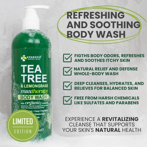 KESMEDIK Tea Tree Lemongrass Body Wash MaxTherapy, Itchy Skin Relief, Antifungal Defense, Fights Body Odor, Soothes Jock Itch & Athlete's Foot, Intimate Wash, Men & Women, 2-Pack, Limited Edition