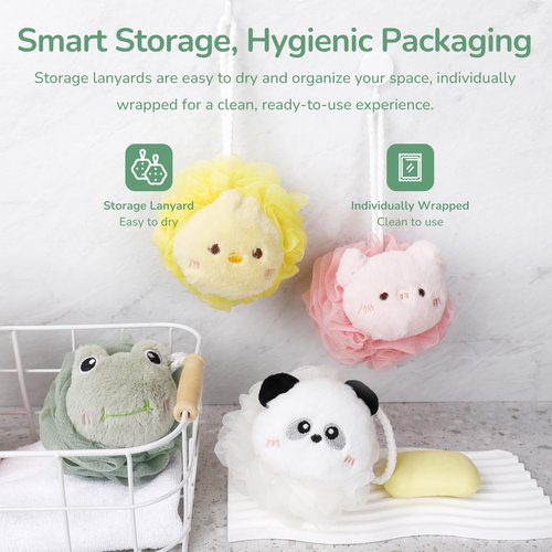 4 Pcs Kids Shower Loofah Set - Cute Animal Body Scrubber Sponges, Gentle Exfoliating Pouf for Boys and Girls Bath Time, Soft Bath Sponges for Children (Assorted Animals)