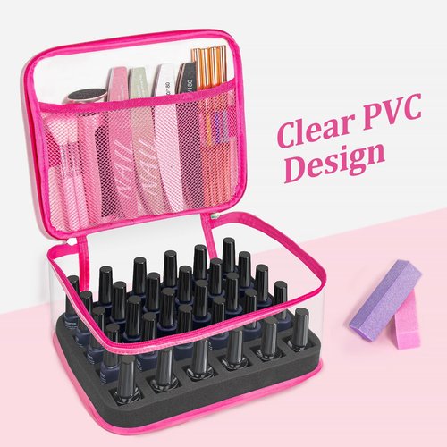 Subay Nail Polish Organizer, Clear Nail Polish Storage Organizer Case Holds 30 Bottles, Portable PVC Nail Travel Bag for Nail Polish Display, Nail Supplies Kit Bag for Nail Tech Organization, Rose Red