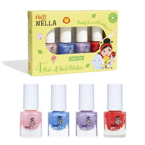 MISS NELLA SAFARI COLLECTION Glitter Nail Polish for kids, set of 4 glitter varnishes: pink, red, purple & blue, Peel- Off varnish for toddlers