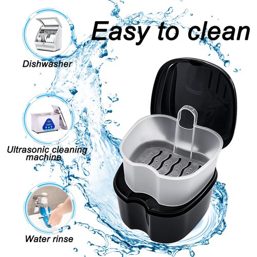 2 Pack Travel Denture Bath Case Set Orthodontic Dental Box Case with Brush, Denture Soaking Cup False Teeth Retainer Container for Clear Braces, Mouth Guard, Night Guard