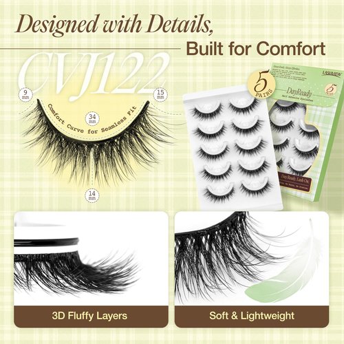 LASHVIEW Self Adhesive Eyelashes Natural Look Press On Lashes No Glue Need Eyelashes Reusable Cat Eye Wispy Self-adhesive False Lashes with Replacement Strips 5 Pairs(CV122)