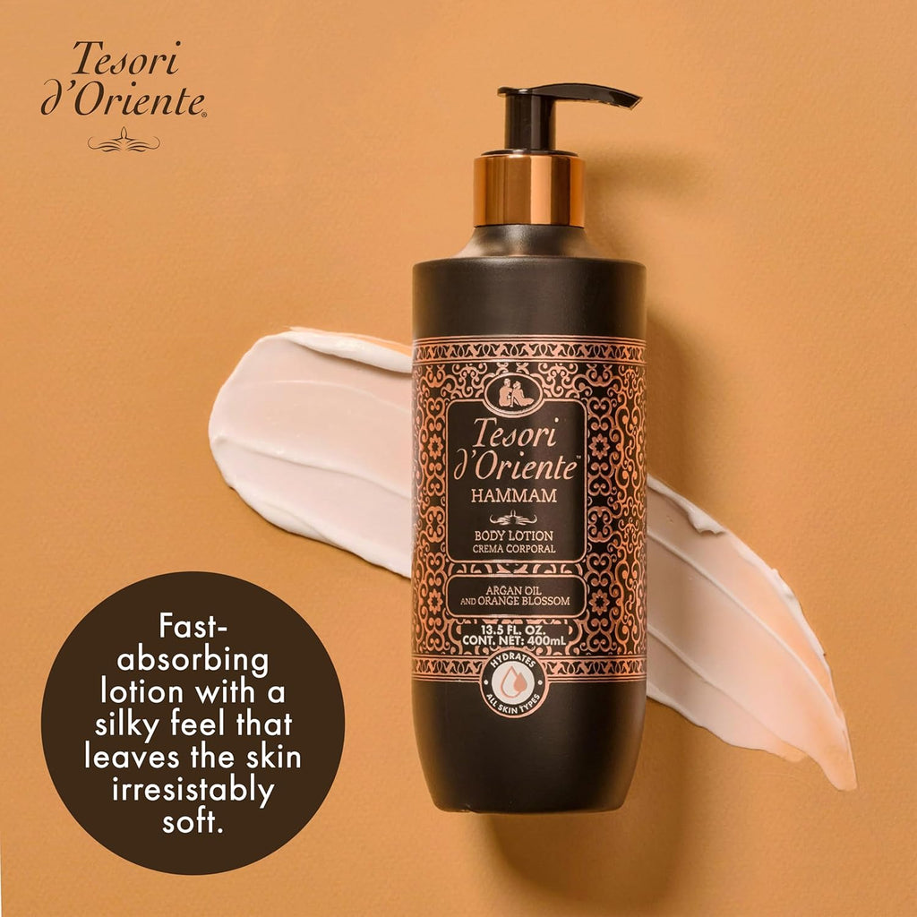 Tesori d’Oriente Hammam Body Lotion - Fast-Absorbing Daily Moisturizer with Argan Oil | 13.5 fl oz, Orange Blossom Scent