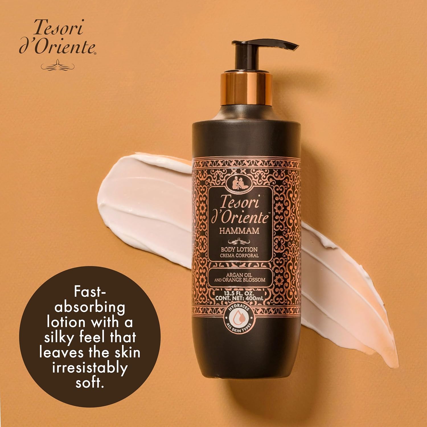 Tesori d’Oriente Hammam Body Lotion - Fast-Absorbing Daily Moisturizer with Argan Oil | 13.5 fl oz, Orange Blossom Scent