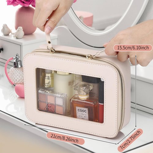 LOFOWN Clear Makeup Bag Women's Waterproof Travel Cosmetic Case and Toiletry Bag Portable Makeup Organizer Bag Car Essential with Zipper (Beige, M-1)