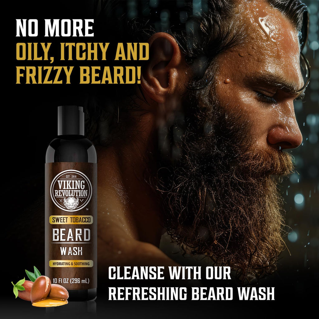 Viking Revolution Beard Wash and Beard Conditioner for Men with Argan Oil and Jojoba Oil - Beard Softener and Strengthener Beard Care Beard Shampoo and Conditioner with Beard Oil (10oz, Sweet Tobacco)