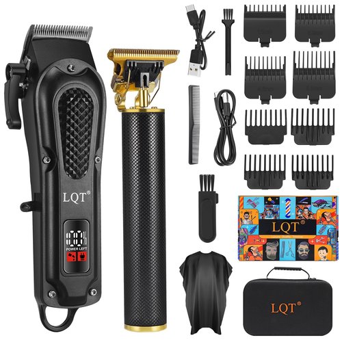 LQT® Men's Professional Hair Clippers Kit，Cordless & Corded Barber Clippers Set，Grooming Rechargeable Beard Trimmer with Adjustable Blade Black