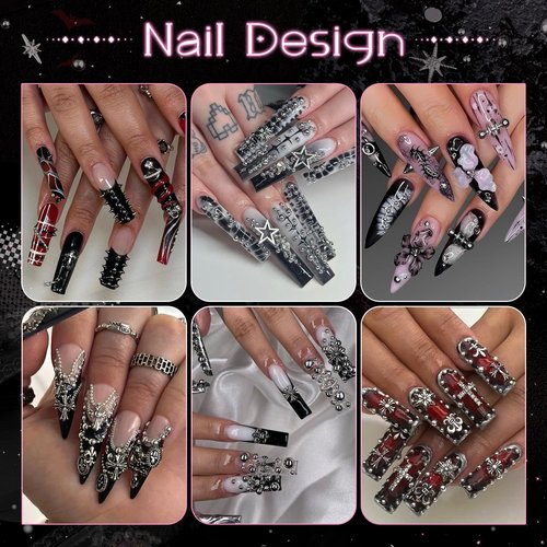 3D Mini Punk Nail Studs Spike Alloy Rivets (Black+Silver), Flatback Nail Pearls and Round Steel Balls Beads (Silver), Goth Nail Charms and Gems for Nail Accessories with Rhinestones Glue Gel