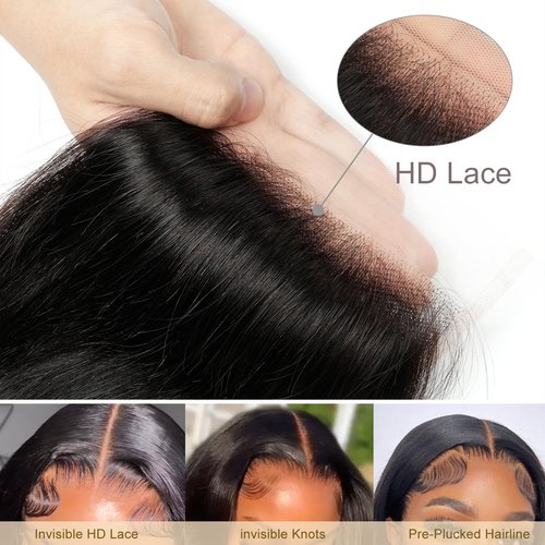 5x5 HD Lace Closure Human Hair Body Wave Virgin Human Hair Closure Invisible Transparent HD Lace Closure Pre-plucked Natural Black(16 Inch,Body Wave)