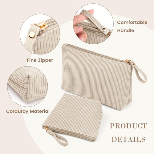 MAGEFY 2Pcs Makeup Bag Set, Cute Makeup Pouch for Purse Corduroy Travel Cosmetic Pouch for Women with Slip-in Pockets for Purse Essentials Accessories(Beige,Mini+Small)