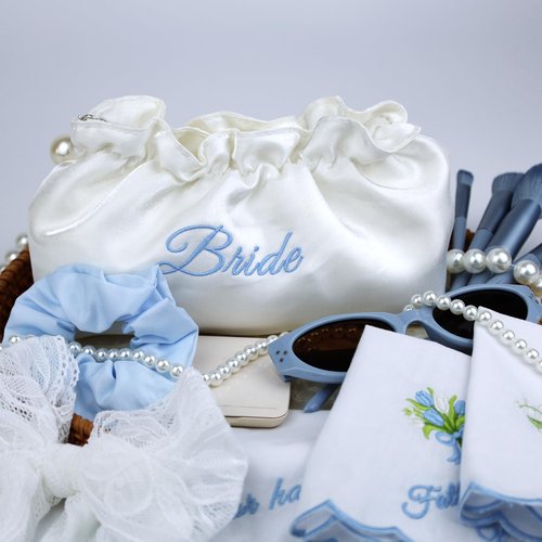 Lauusiusi Creamy White Satin Bride Cosmetic Bag Something Blue Embroidered Silk Makeup Bag Bling Pearl Bride To Be Purse for Bridal Shower Bachelorette Party Women Wedding Engagement Gift