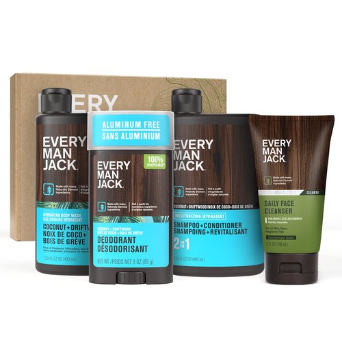 Every Man Jack Men's Bath and Body Gift Set - Coconut + Driftwood Scent - Clean Ingredients - Includes Hydrating Body Wash, 2-in-1 Shampoo, Aluminum-free Deodorant & Face Wash
