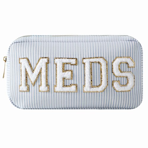 uekeboag Seersucker Chenille Letter Stuff Meds RX Makeup Bag, Travel Washable Purse Organizer with Zipper, Lightweight Toiletry Cute Personalized Preppy Cosmetic Bag For Women and Girls(03Blue Meds)