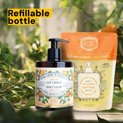 Panier des Sens - Fancy Orange Blossom Moisturizing Liquid Hand Soap - French Provence Hand Wash - Savon de Marseille Soap with Olive Oil - Refillable Bottle - 97% Natural Ingredients - 16.9 Fl Oz