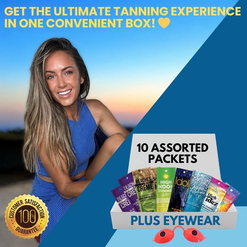 10 Pack of Tanning Bed Lotion Packets + Eyewear – The Tan Box, Best Indoor UV or Outdoor Sun Cream, Dark Accelerator with Goggles (0.5 oz each)