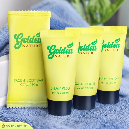 Golden Nature - Travel Size Hotel Toiletries Bundle - Jasmine, 0.7 oz each, 200 Pcs - 4-Piece Set: 50 Rectangular Bar Soap, 50 Shampoo, 50 Conditioner & 50 Body Lotion - Bulk Small Toiletries
