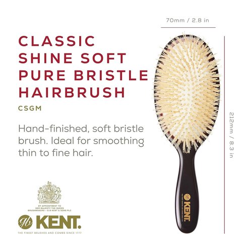 Kent CSGM Classic Shine Medium Oval Cushion Straightening Brush - Soft White Boar Bristle for Fine Hair