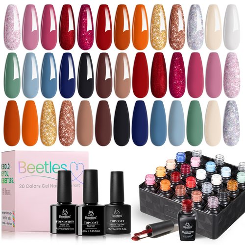 Beetles Gel Nail Polish Kit - 23Pcs Burgundy Red Brown Orange Purple Colors Gel Polish Set Brown Gray Blue Green Soak Off Uv Gel Base Top Coat Gifts for Girls Glowing Attraction