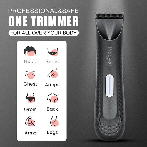 Predyee Manscape Trimmer for Men - IPX7 Waterproof Ball/Body Trimmer w/LED Light & Ceramic Blade, 120Min Groomer for Pubic/Groin/Chest, USB-C Fast Charge, No Nicks, Gifts for Him Dad Husband