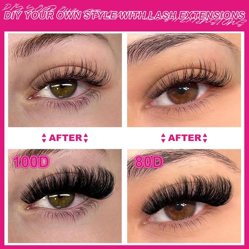 Fowendia Lash Clusters Kit Fluff 80D 100D Individual Lashes D Curl Cluster Eyelash Extensions 10-18mm DIY Lash Extension Kit Lash Bond and Seal Waterproof, Lash Applicator, Thick False Eyelashes Kit