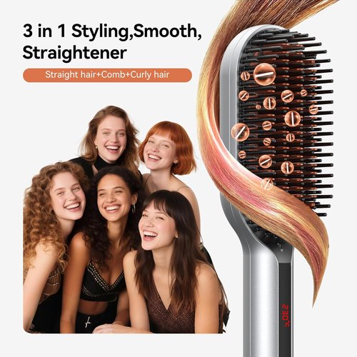 Skiennix Ionic Hair Straightener Brush - Fast Heating Comb for Thick Curly Hair | Anti-Scald, 250°F-450°F