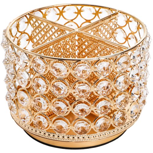 Hedume Crystal Vanity Organizer with 4 Compartments, 360 Degree Rotating Makeup Brush Holder, 4-Slot Glitter Gold Spinning Cosmetic Brushes Display Multi-Functional Desk Organizer Home Decor