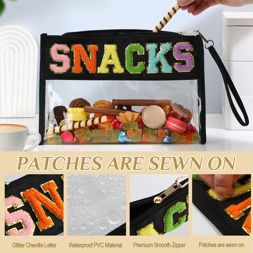 Remerry Clear Chenille Letter Makeup Bag Stand up Snack Bags Preppy Cosmetic Pouch Expandable Clear Travel with Wrist Strap Zipper Portable Multipurpose PVC Nylon for Women Travel(Black,Snack)
