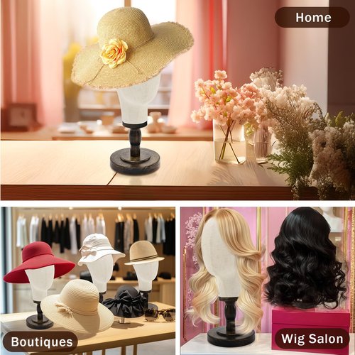 GHWMYD Wooden Wig Stand with Realistic 21.7 Inch Canvas Mannequin Head - Stylish Display and Storage for Wigs, Hats, Caps, Headdresses, and Accessories - Durable Rustic Hat Rack for Home or Salon Use