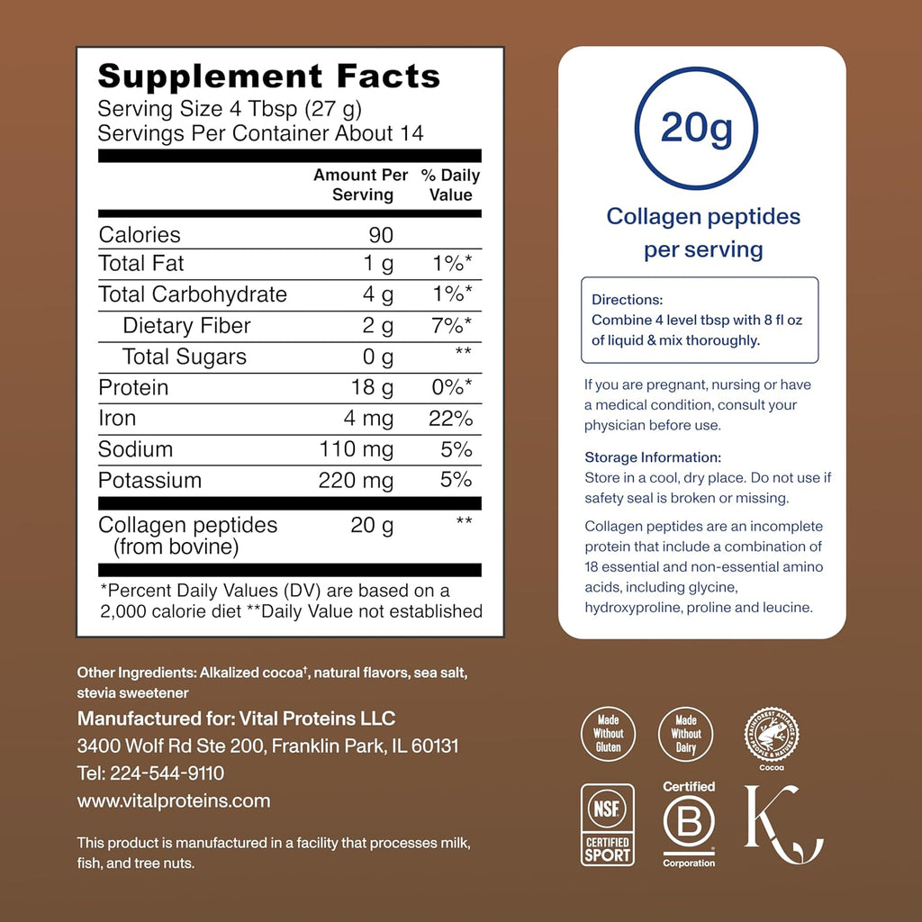 Vital Proteins Collagen Peptides Powder - Chocolate Flavor for Healthy Hair, Skin & Joints | 13.5oz