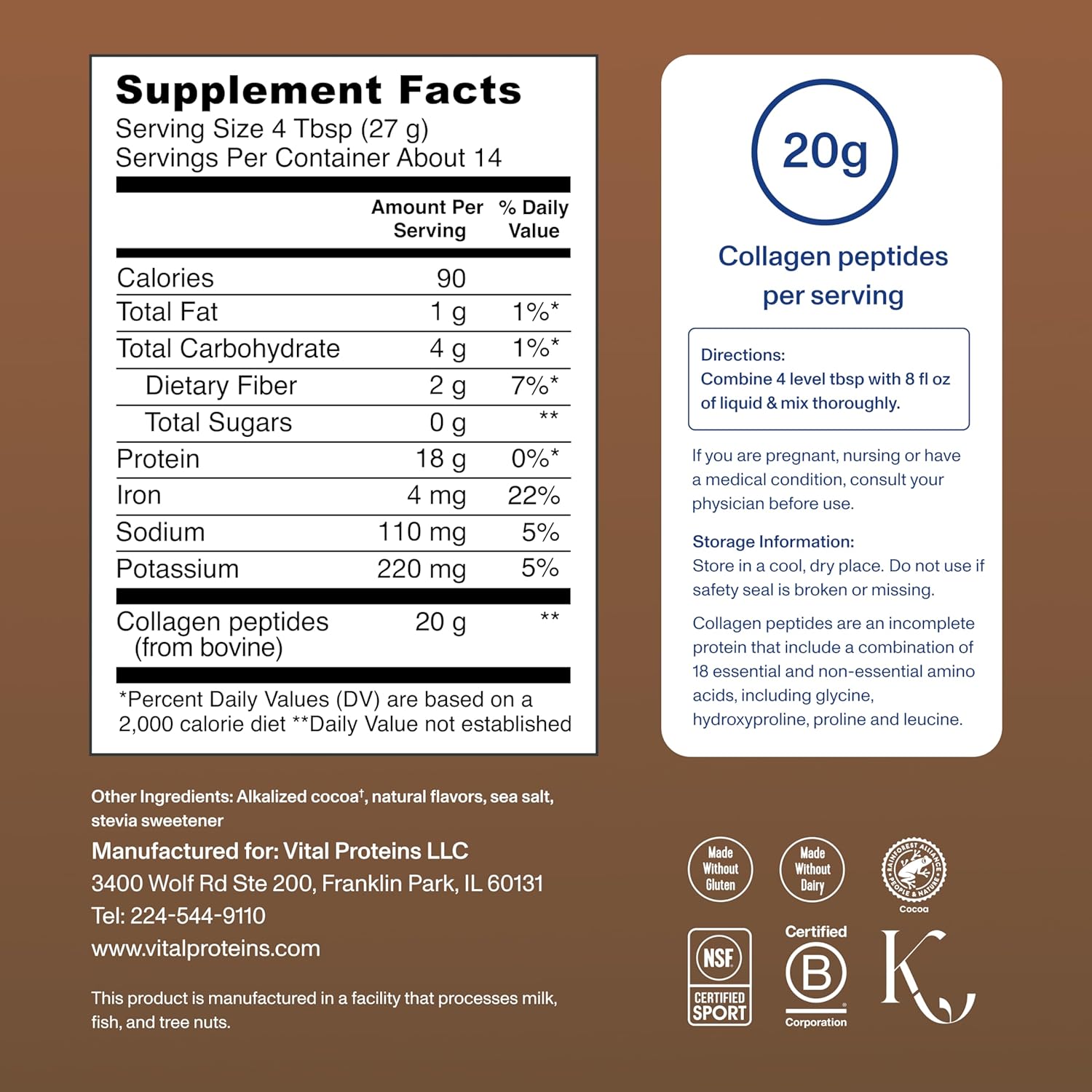 Vital Proteins Collagen Peptides Powder - Chocolate Flavor for Healthy Hair, Skin & Joints | 13.5oz