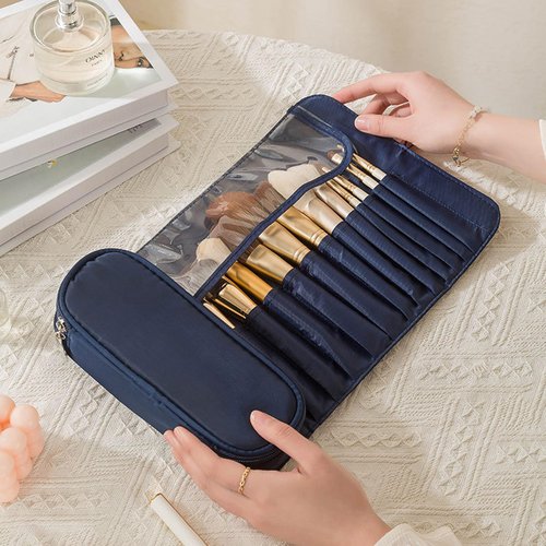 Makeup Brush Bag, Travel Makeup Brush Case Makeup Brush Holder Organizer Cosmetic Bag Portable Roll Up Brush Storage Bag for Makeup Brushes and Cosmetic Essentials (Dark Blue)