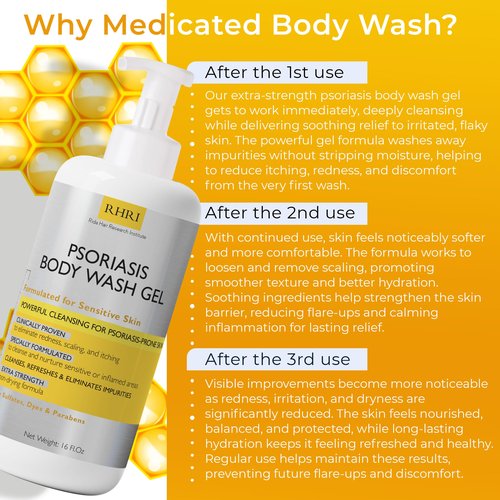 Body Wash | Psoriasis Treatment For Skin | Psoriasis Body Gel | Foaming Cleanser For Dry, Itchy, Red, Flaky, Scaly Skin w/Scrubber