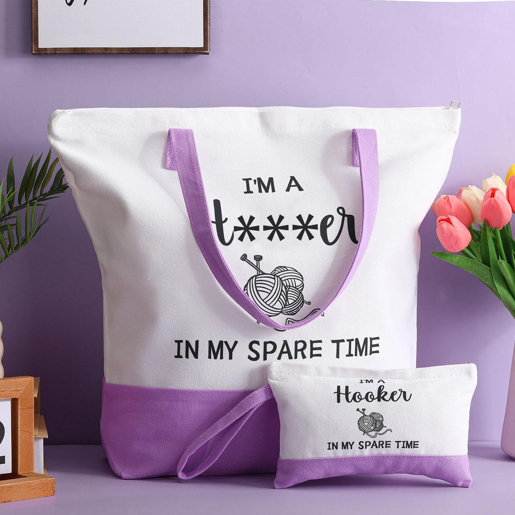 Wesnoy 2 Pcs Crochet Lover Gifts for Women, Funny Purple Canvas Bag with Cosmetic Pouch Tote Bag in My Spare Time Crochet Lovers Friends Crocheters Gifts