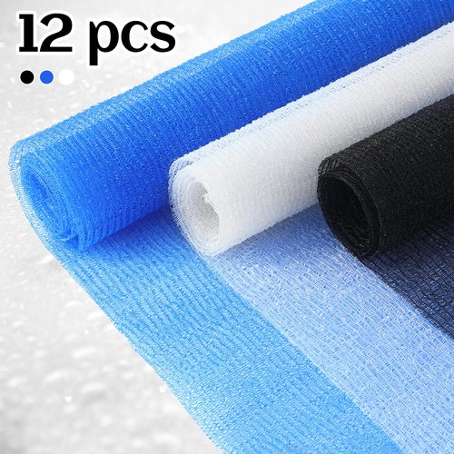 Tatuo 12 Pack 36 Inch Exfoliating Bath Cloth Towel African Net Sponge Extra Long Nylon Korean Bath Towel Japanese Shower Cleaning Sponges for Back Body(White, Black, Dark Blue)