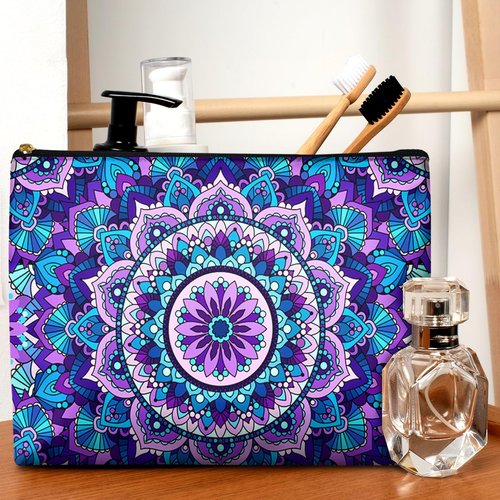 GEGEPINK Cute Makeup Bag for Purse Waterproof Cosmetic Bags for Women Funny Smooth Zipper Travel Toiletry Pouch 10X8 Inches-Purple Mandala Makeup pouch