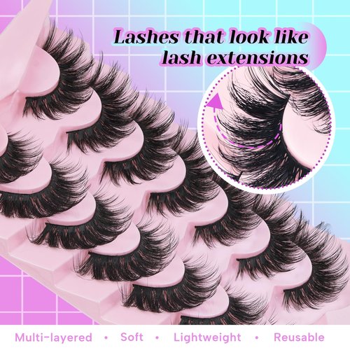 Losha Lashes Fluffy Volume False Eyelashes 7 Pairs Cat Eye Lashes Kit with Lash Glue and Lash Tweezers 6D Vegan Fake Eyelashes that Look Like Lash Extensions (PL008)