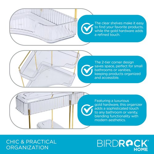 BIRDROCK HOME 2-Tier Corner Cosmetic Organizer - Clear Shelves with Gold Hardware, Easy Assembly, Durable Design for Makeup, Perfumes, and Self-Care Products