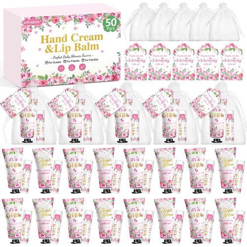 50 Pack Bulk Hand Cream and Lip Balm Gifts Sets, Baby Shower Favors and Bridal Shower Favors for Guests with Thank You Card and Organza Gift Bags, Appreciation Gifts, Wedding Party Favors (Baby Girls)