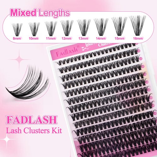 FADLASH Lash Clusters Kit Individual Natural Eyelash Extensions with Lash Bond and Seal Lash Glue Remover and Eyelash Tweezers for Beginners DIY at Home (40D-0.07D, 8-16mm, Kit)