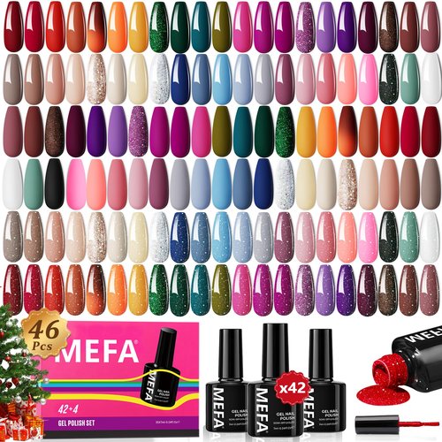 MEFA 46 Pcs Christmas Gel Nail Polish Kit, 42 Colors All Seasons Gel Polish Set Colorful Begginer Kit with Base Coat & Glitter/Glossy/Matte Top Coat Gel Nail Art Manicure DIY Salon Gifts for Girls