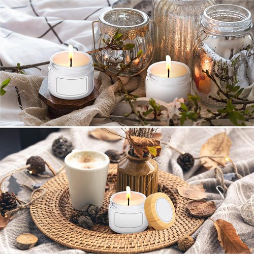 Layhit 48 Pcs 50 ml Cosmetic Glass Jars with Lids 1.69 oz Small Jars with Plastic Woodgrain Lids, White Labels and Inner Liners Empty Round Cosmetic Containers for Creams Lotions Powder Candle Making