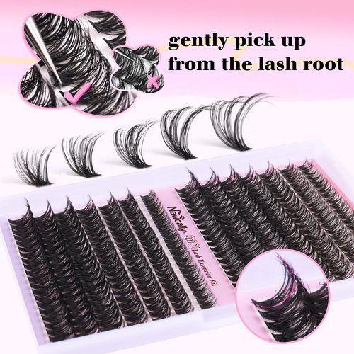 Newcally Lash Clusters Kit Wispy DIY Lash Extension Kit Volume Cluster Eyelashes Extension Natural Look D-curly Individual Lashes Kit 9-16MM Faux Mink Cluster Lashes(50D+60D, 0.07D)