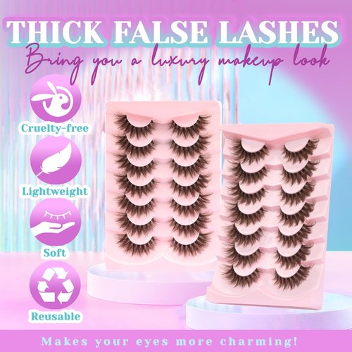 Losha Brown Lashes Volume False Eyelashes Fluffy Cat Eye Lashes 7 Pairs Crisscross Lashes Strips with Clear Band 8-18mm Thick Fake Eyelashes (FC03 Brown)