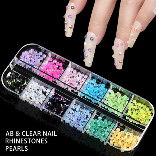 Tucepu Nail Charms and Gems Stuff, Nail Art Design Kit with 6 Boxes Rhinestones for Nails, 3D Colorful Flatback Jewelry Accessories, Bedazzling kit Suplies with Glue for Gifts