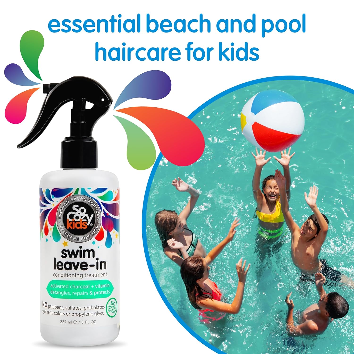 SoCozy Swim Leave-In Conditioner Spray - Protects & Repairs Kids' Hair from Pool & Sun Damage | 8 Fl Oz
