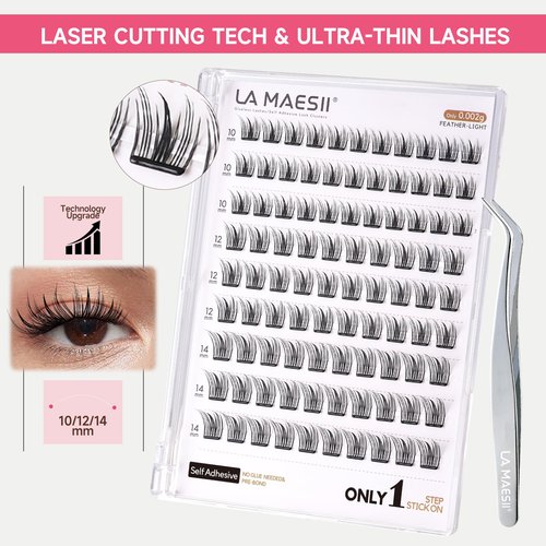La Maesii Self Adhesive Eyelashes Kit, Natural Look 10-14mm Lash Clusters Kit Reusable Lash Clusters Pre-Glued DIY Eyelash Extensions, No Glue Needed, No Residue, Easy to Apply (Hybrid)